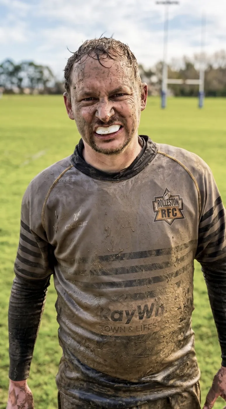 Weekend Phil after a Rolleston rugby game, covered in mud with his mouthguard in